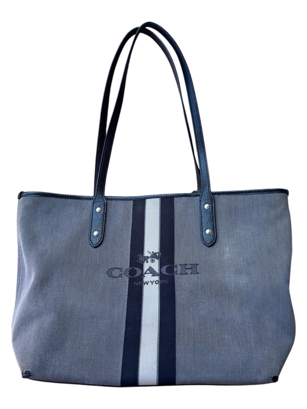 Coach Gray and Black Canvas Stripe Tote with Leather Handles